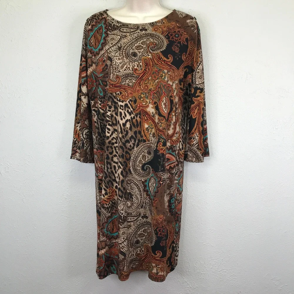 Chicos 0 Shift Dress Women S Multicolor Paisley Leopard Split Button Sleeve Boho